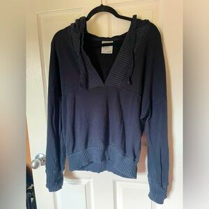 Aerie Offline by American Eagle Ribbed V Neck Hoodie Sweatshirt in Black